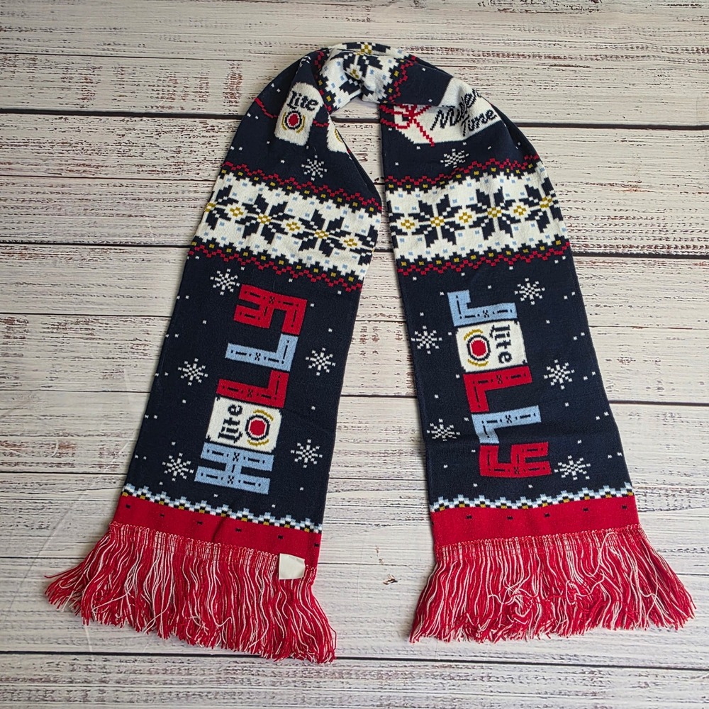 Miller Lite Beer Ugly Christmas Scarf Navy Blue Fair Isle Its Miller Time Fringe